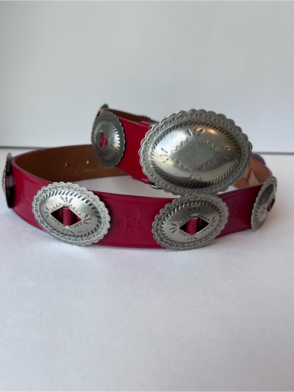 Vintage Catherine Dial Easley Red Leather Silver Concho Western Belt
